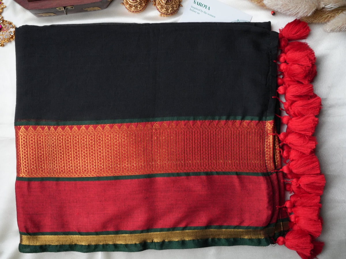 🖤 Midnight Black & Crimson Red Premium Mul Cotton Saree | Rich Zari Border by Saroya ✨🥻❤️ - SAROYA
