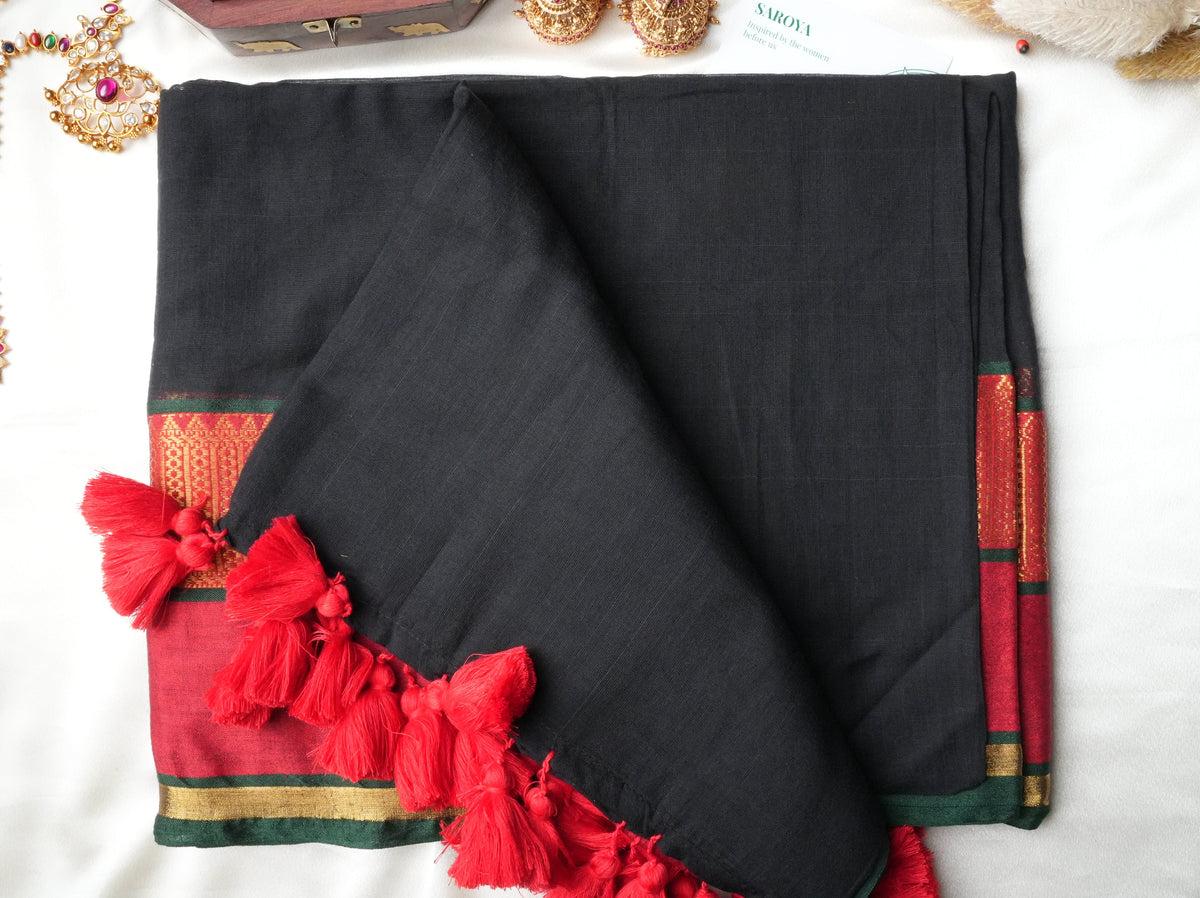 🖤 Midnight Black & Crimson Red Premium Mul Cotton Saree | Rich Zari Border by Saroya ✨🥻❤️ - SAROYA