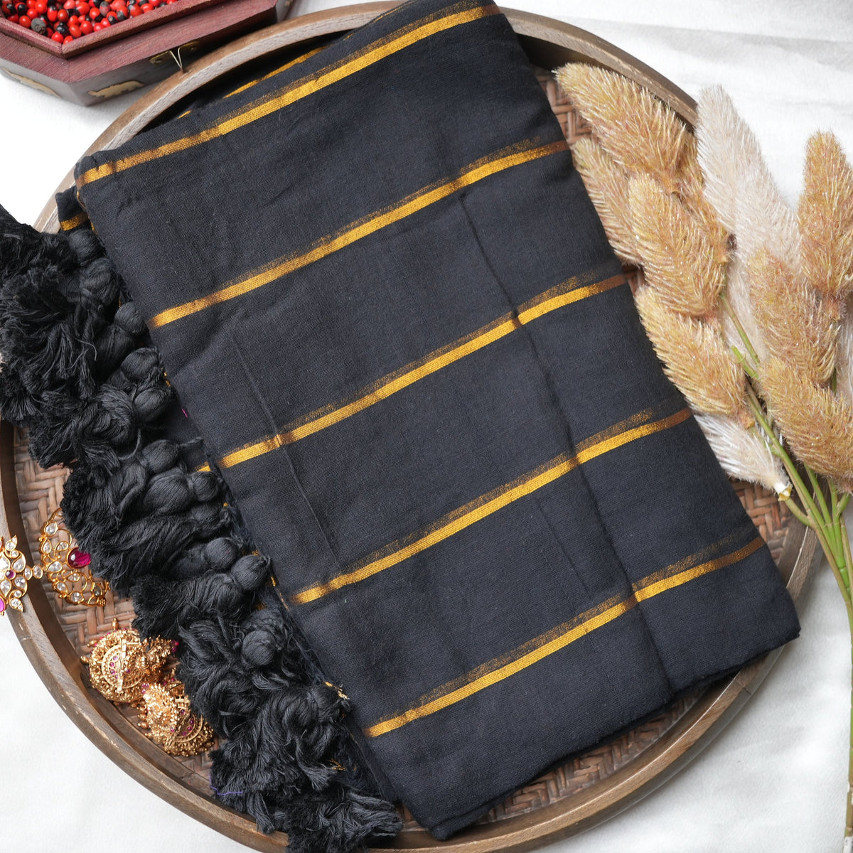 🖤 Midnight Black Pure Mul Cotton Saree with Golden Zari Stripes & Statement Tassels ✨🪙 - SAROYA