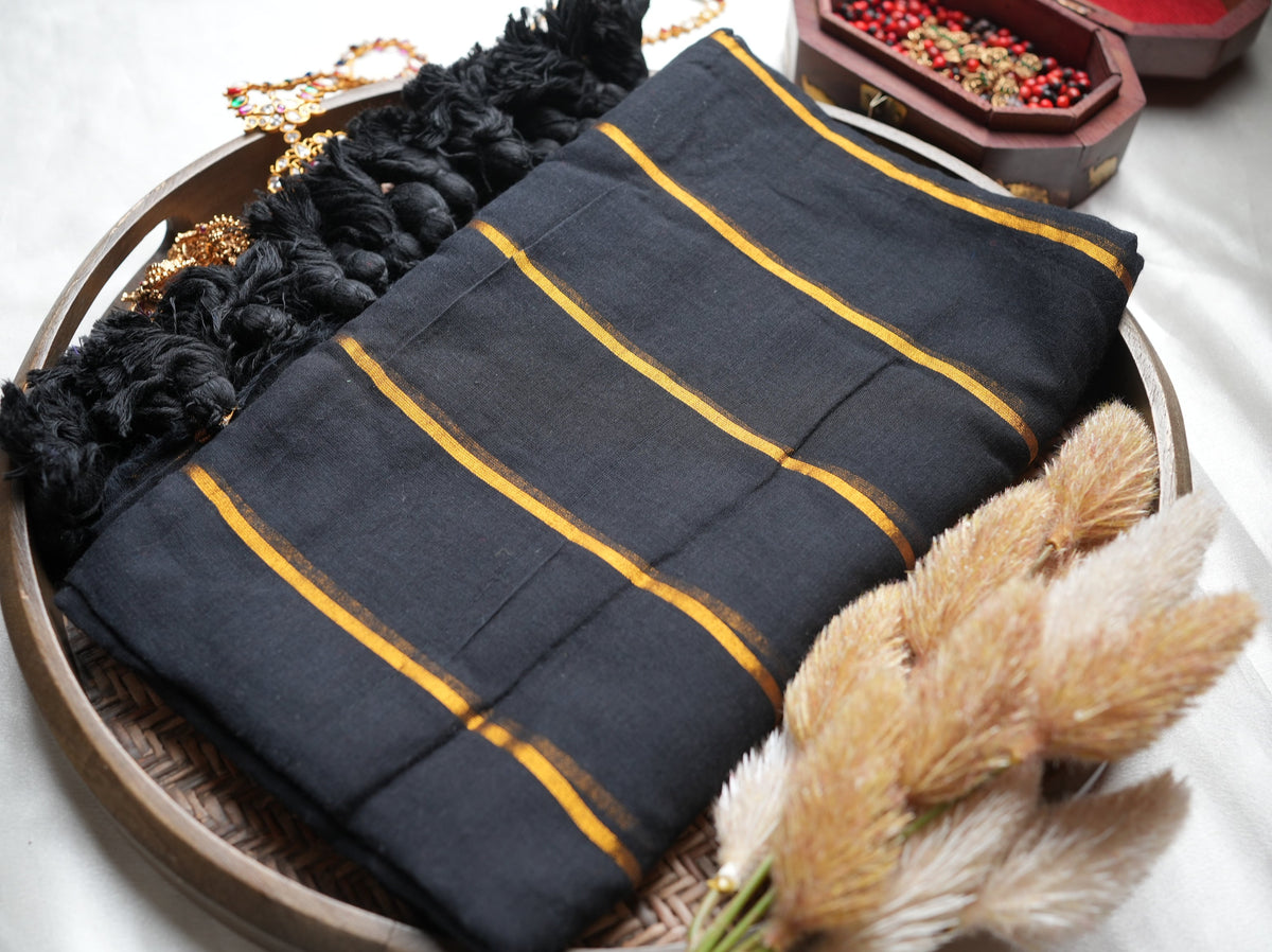 🖤 Midnight Black Pure Mul Cotton Saree with Golden Zari Stripes & Statement Tassels ✨🪙 - SAROYA