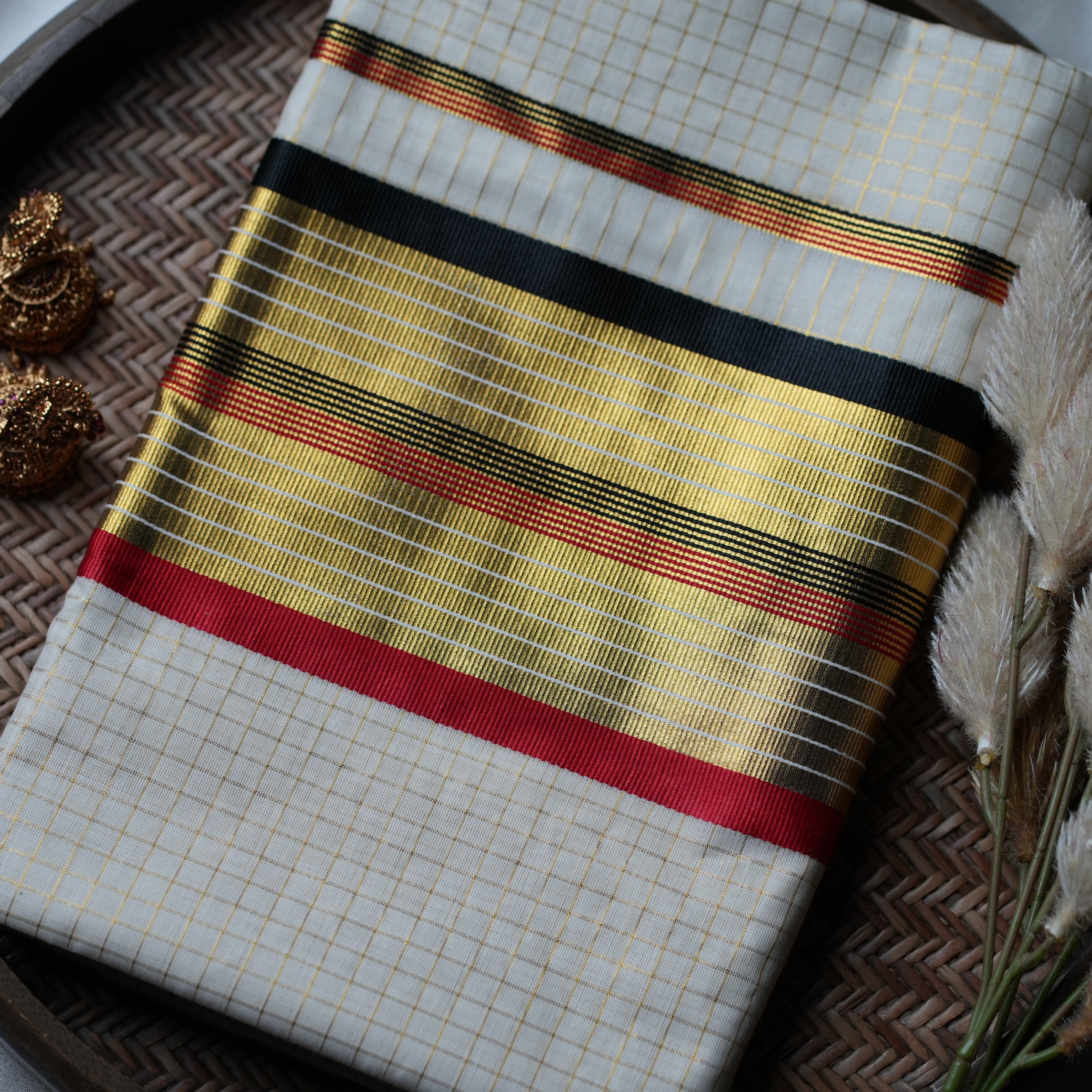 Midnight Crimson Royalty: Premium Kerala Cotton Set Saree with Gold Checks - SAROYA