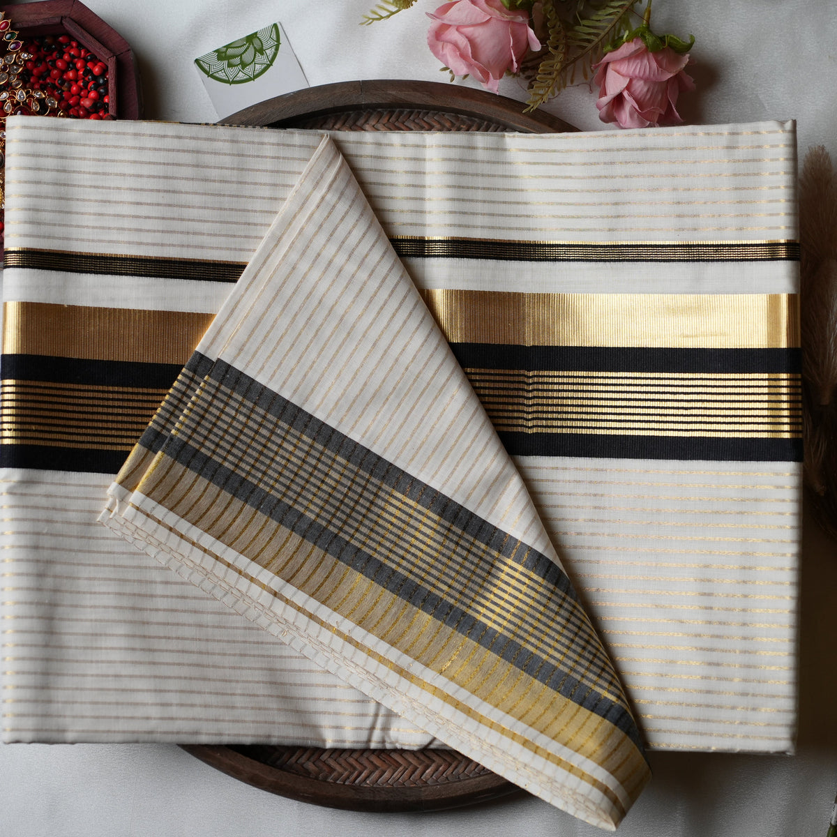 Midnight & Gold Stripes: The Premium Pure Cotton Kerala Saree 🖤 - SAROYA