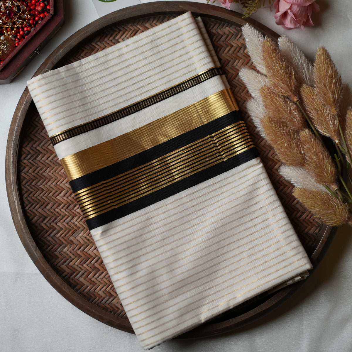 Midnight & Gold Stripes: The Premium Pure Cotton Kerala Saree 🖤 - SAROYA