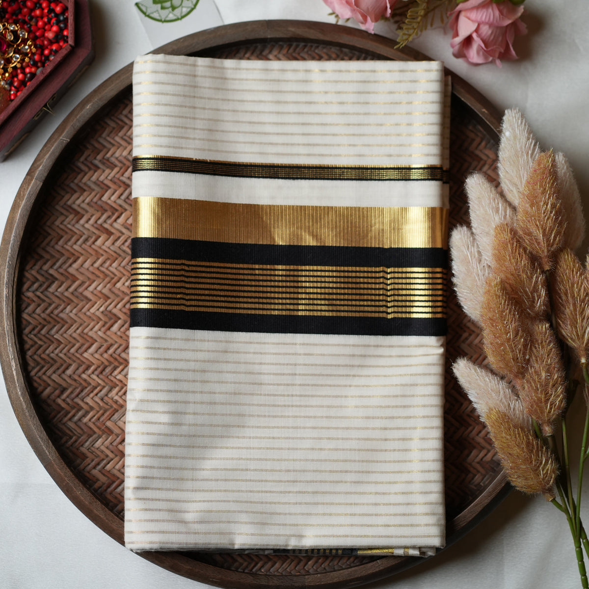 Midnight & Gold Stripes: The Premium Pure Cotton Kerala Saree 🖤 - SAROYA