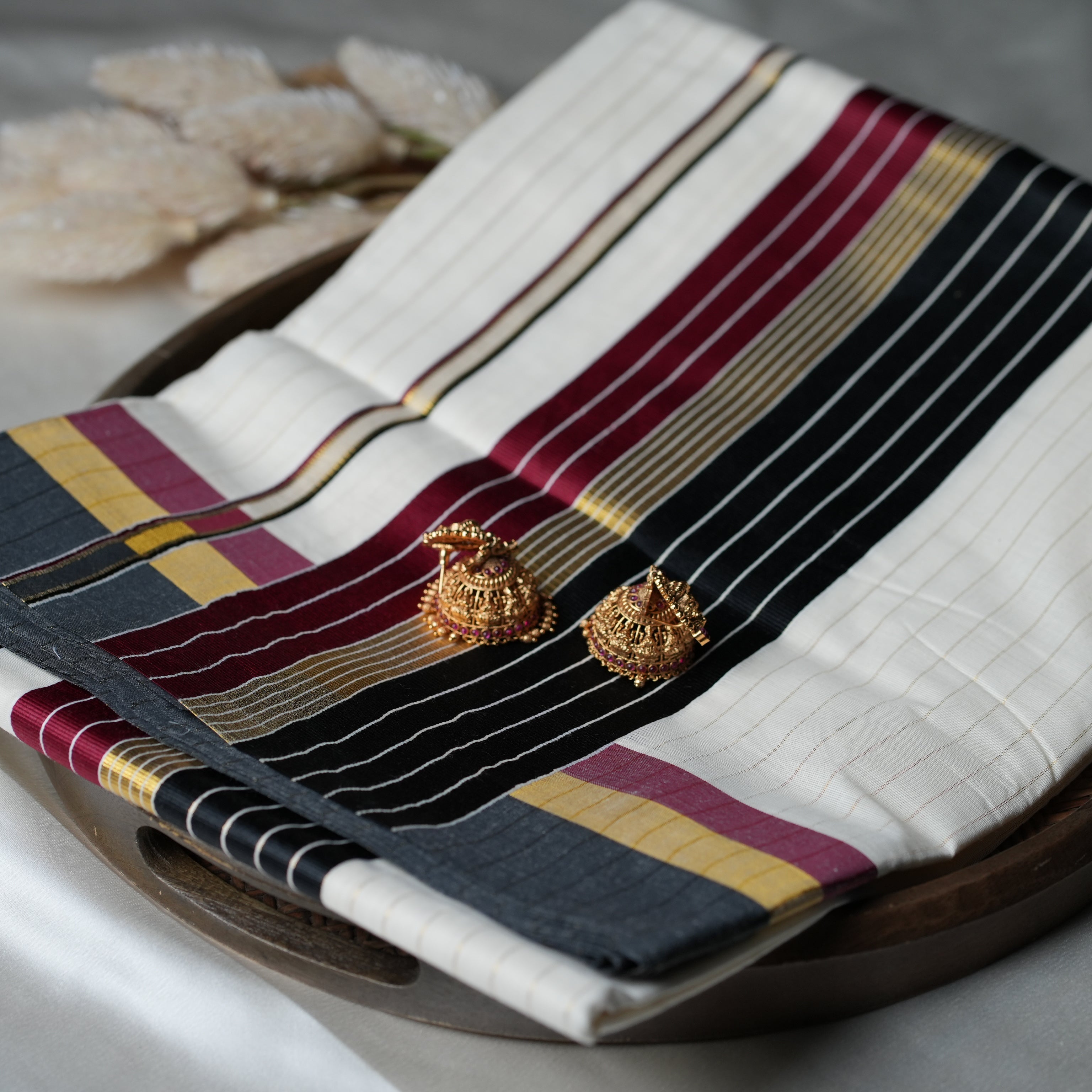 Midnight Plum & Charcoal: Premium Kerala Cotton Set Saree with Fine Gold Lines - SAROYA