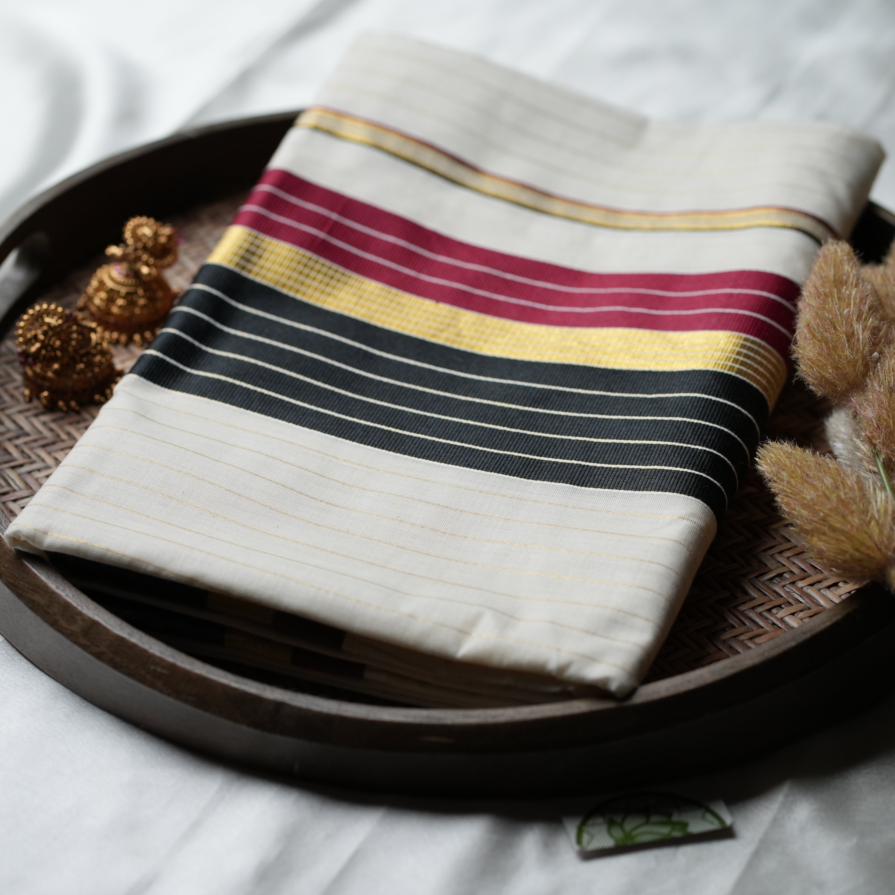 Midnight Plum & Charcoal: Premium Kerala Cotton Set Saree with Fine Gold Lines - SAROYA