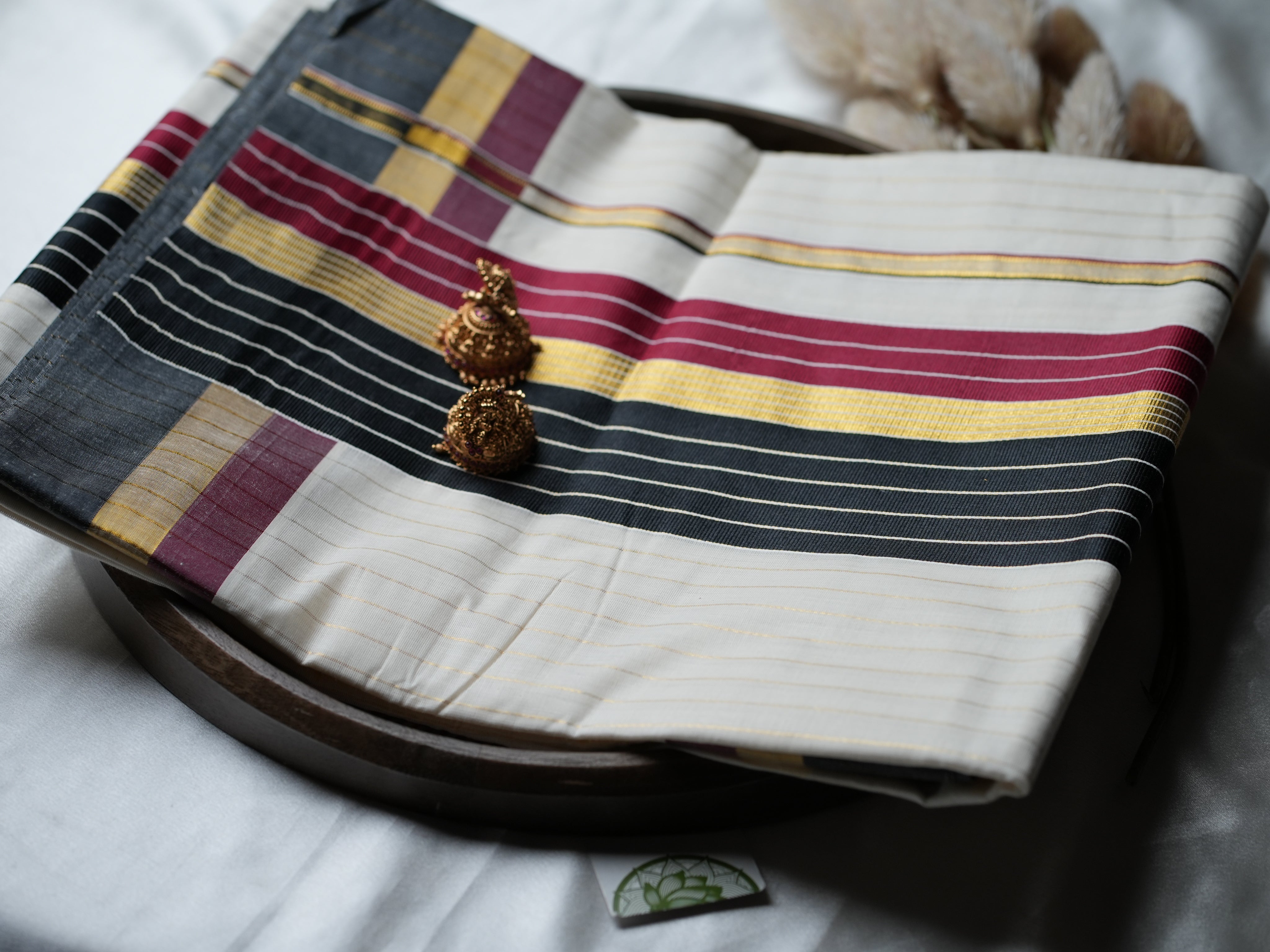 Midnight Plum & Charcoal: Premium Kerala Cotton Set Saree with Fine Gold Lines - SAROYA