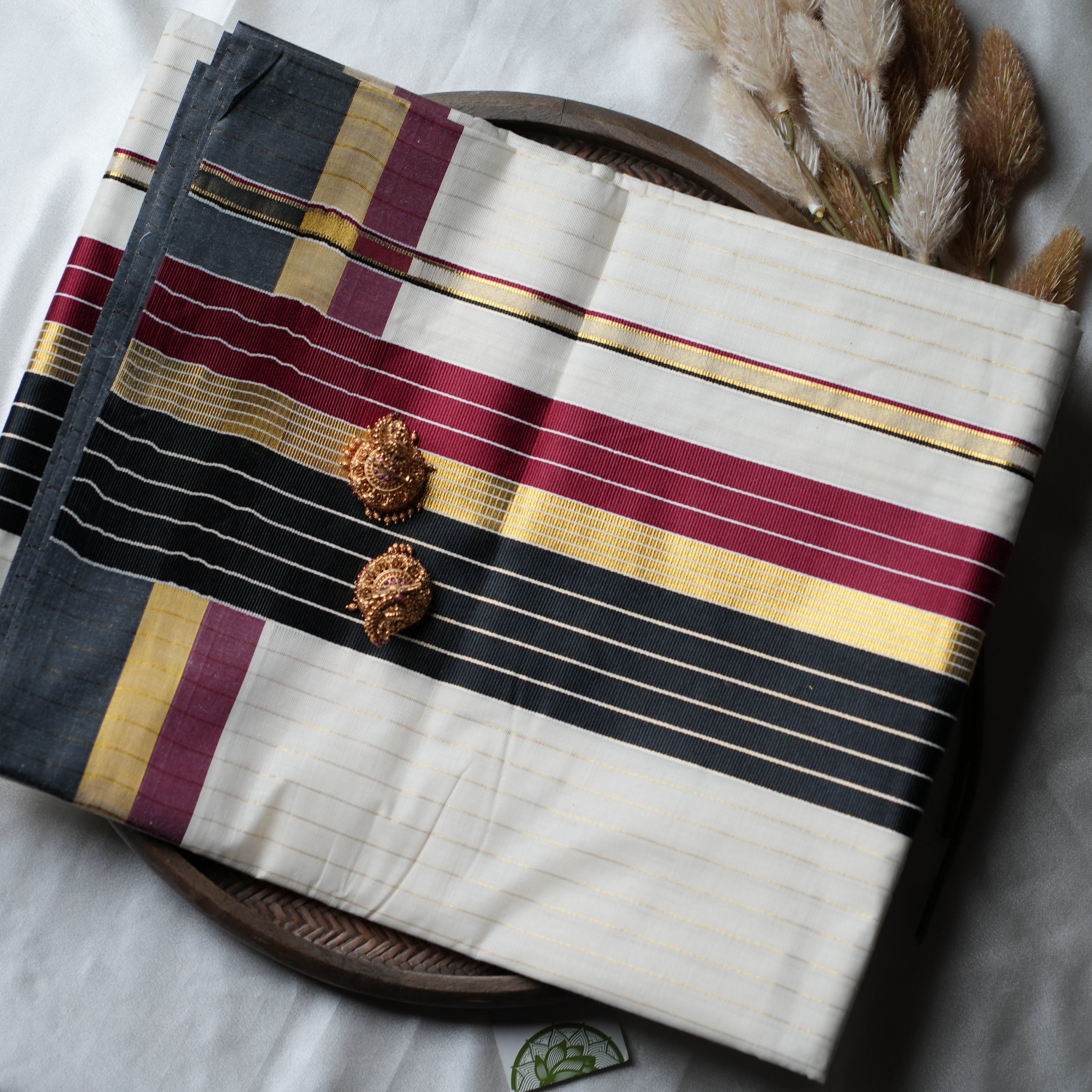 Midnight Plum & Charcoal: Premium Kerala Cotton Set Saree with Fine Gold Lines - SAROYA