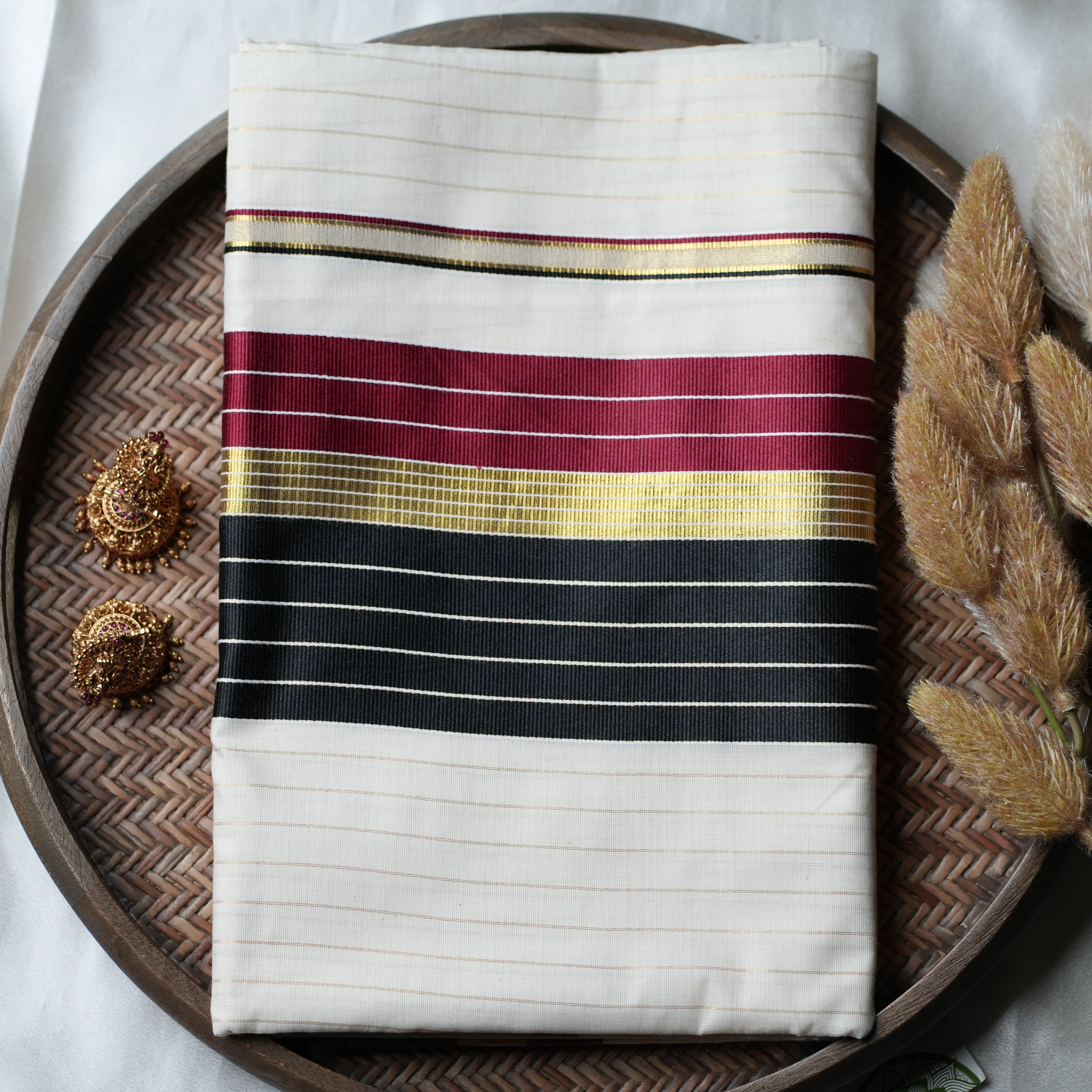Midnight Plum & Charcoal: Premium Kerala Cotton Set Saree with Fine Gold Lines - SAROYA