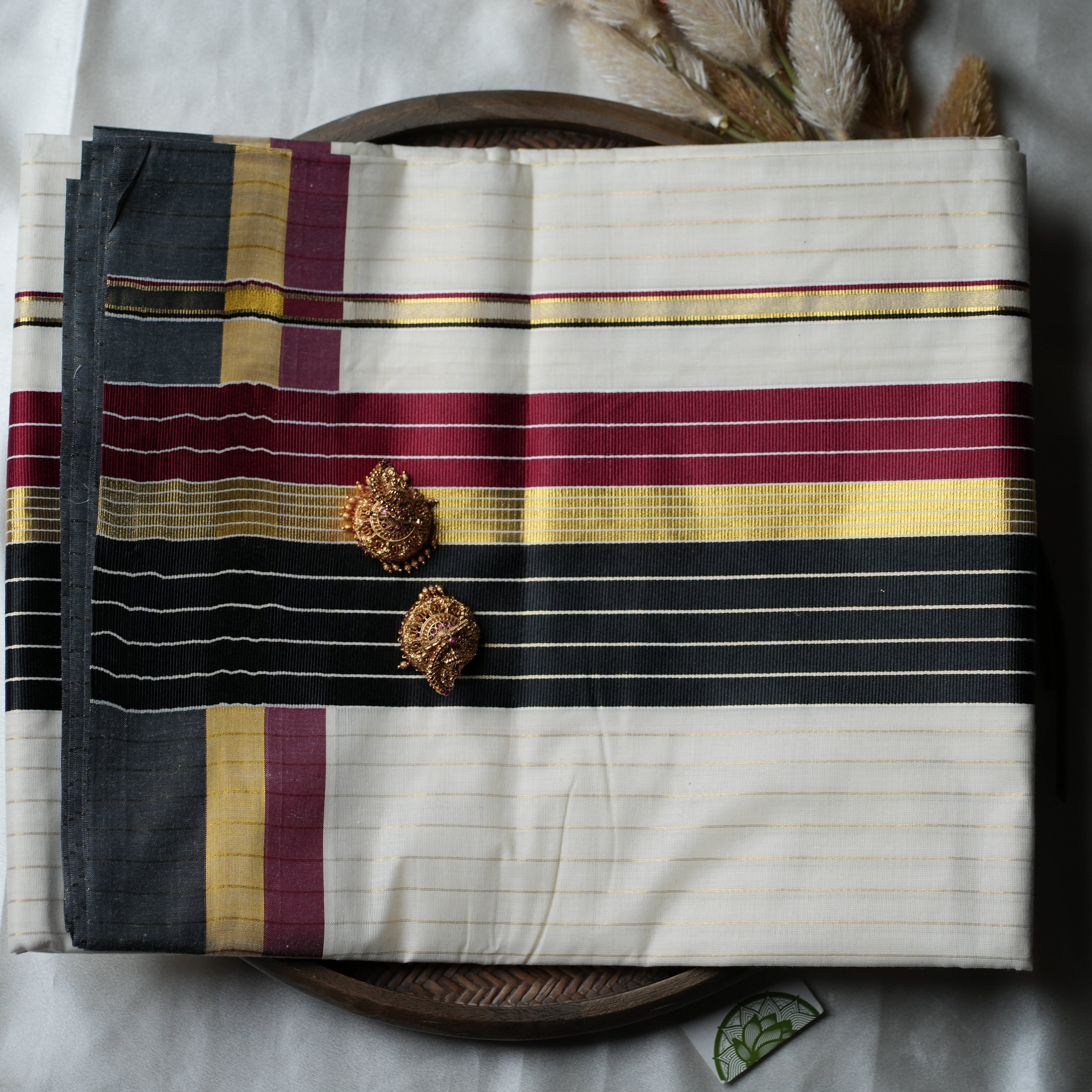 Midnight Plum & Charcoal: Premium Kerala Cotton Set Saree with Fine Gold Lines - SAROYA