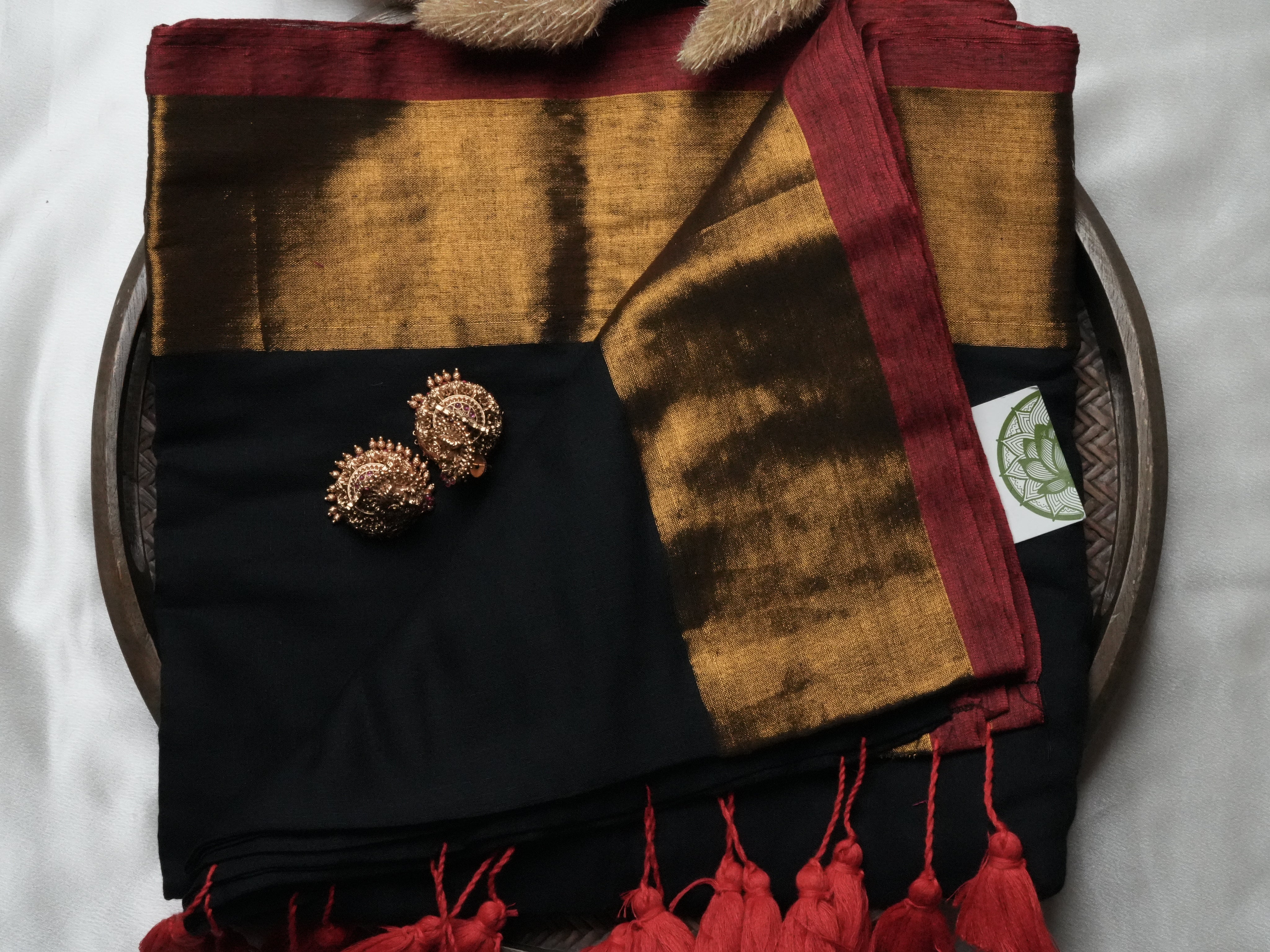 Modern Midnight Black & Crimson Mul Cotton Saree - SAROYA