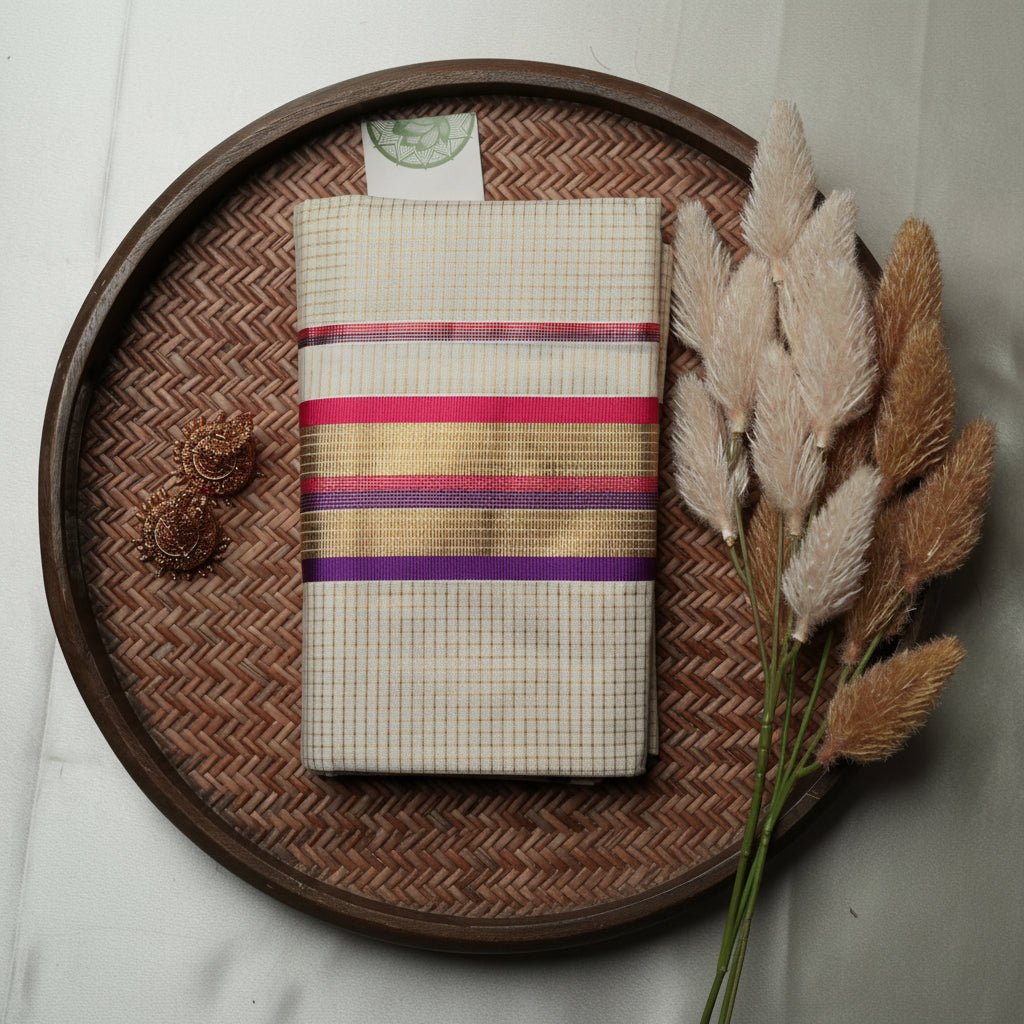 Multi-Color Border Kerala Kasavu Set Mundu in Royal Purple & Magenta - SAROYA
