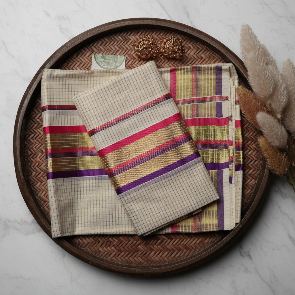 Multi-Color Border Kerala Kasavu Set Mundu in Royal Purple & Magenta - SAROYA