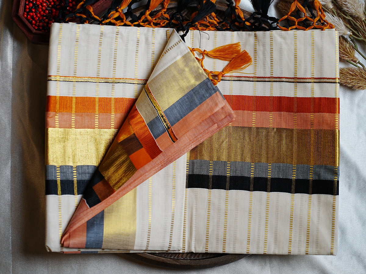 🍊 Multi-Color Contrast & Golden Checkered Zari: Premium Cotton Kerala Saree 🖤 - SAROYA