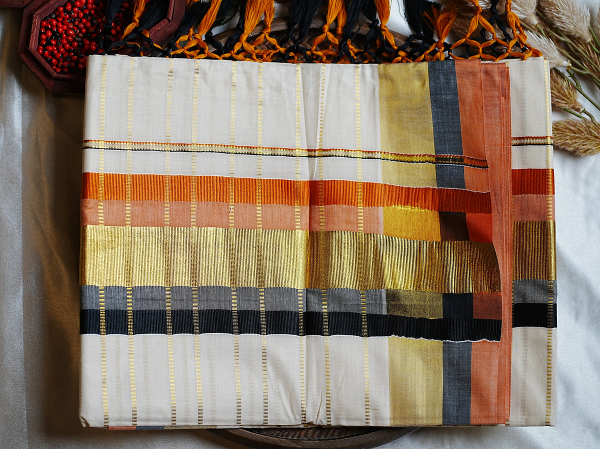 🍊 Multi-Color Contrast & Golden Checkered Zari: Premium Cotton Kerala Saree 🖤 - SAROYA