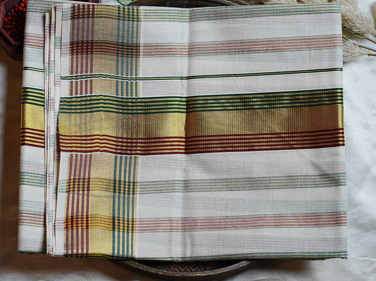 🎨 Multi-Stripe & Regal Kasavu Zari Cotton Kerala Saree ✨ - SAROYA