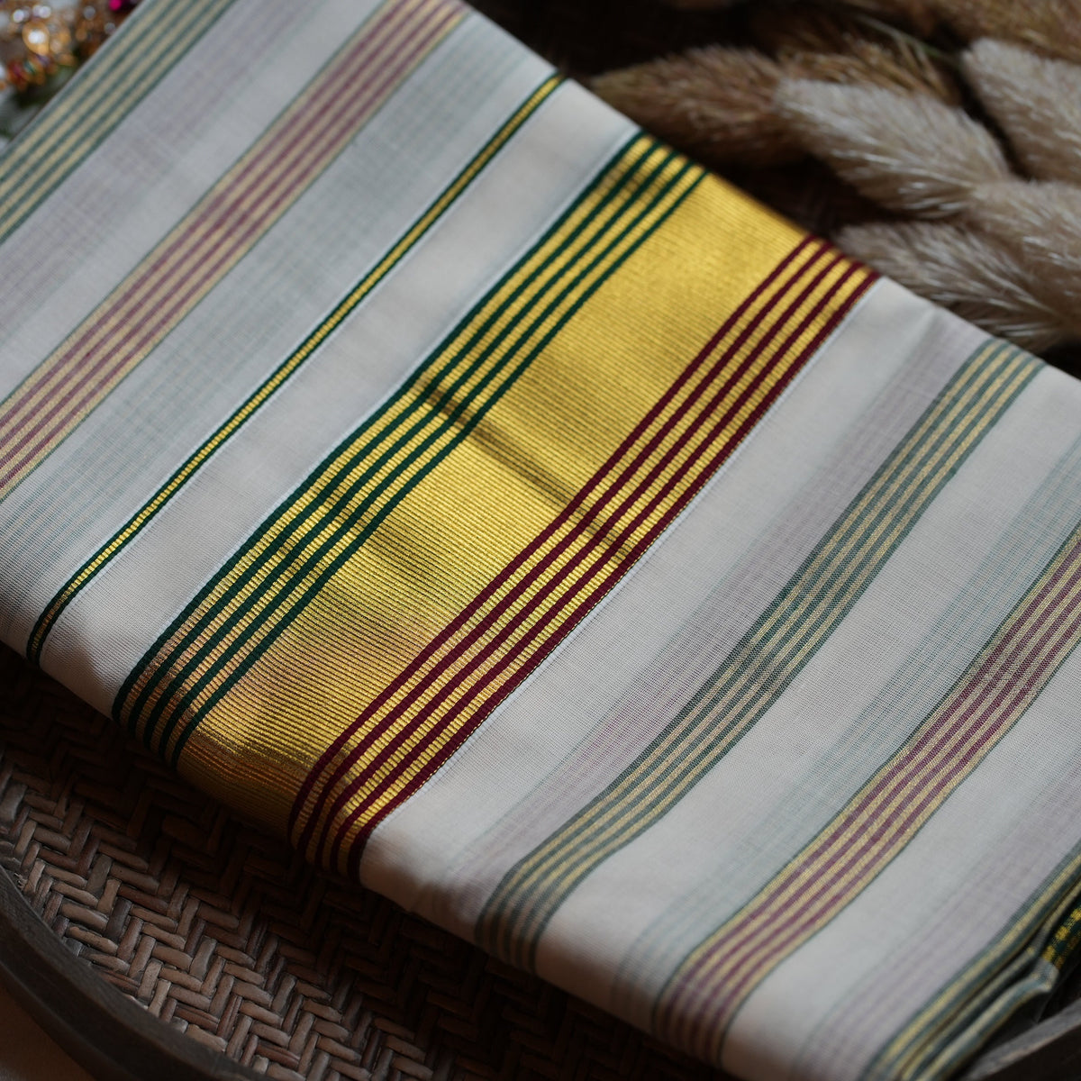 🎨 Multi-Stripe & Regal Kasavu Zari Cotton Kerala Saree ✨ - SAROYA