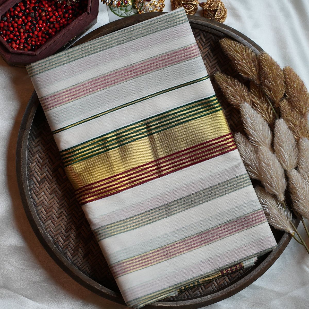 🎨 Multi-Stripe & Regal Kasavu Zari Cotton Kerala Saree ✨ - SAROYA