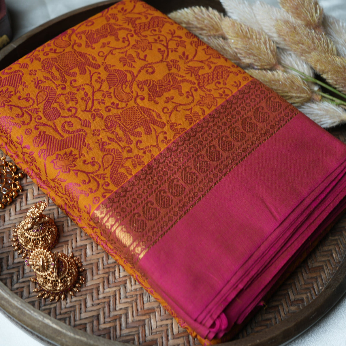 Mustard & Pink Vanasingaram Kanchi Cotton Saree with Jacquard Animal Motifs - SAROYA