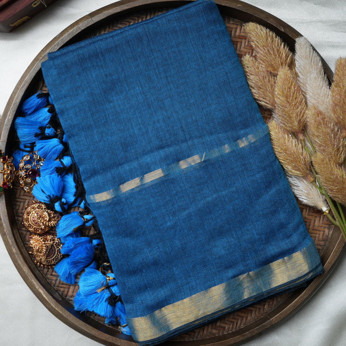 💙 Ocean Blue Pure Mul Cotton Saree with Golden Zari Border & Playful Tassels ✨🥻 - SAROYA