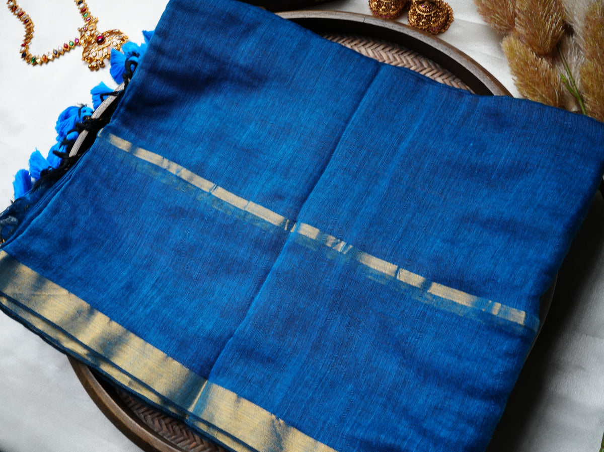 💙 Ocean Blue Pure Mul Cotton Saree with Golden Zari Border & Playful Tassels ✨🥻 - SAROYA