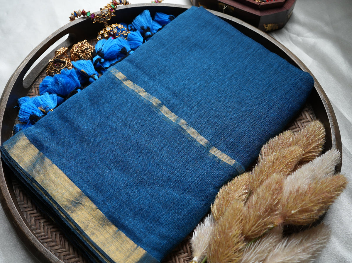 💙 Ocean Blue Pure Mul Cotton Saree with Golden Zari Border & Playful Tassels ✨🥻 - SAROYA