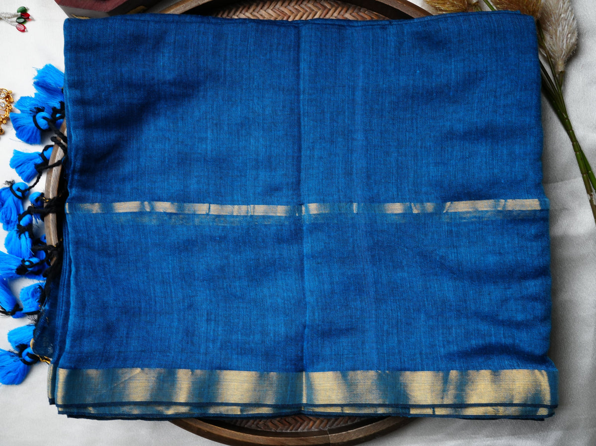 💙 Ocean Blue Pure Mul Cotton Saree with Golden Zari Border & Playful Tassels ✨🥻 - SAROYA