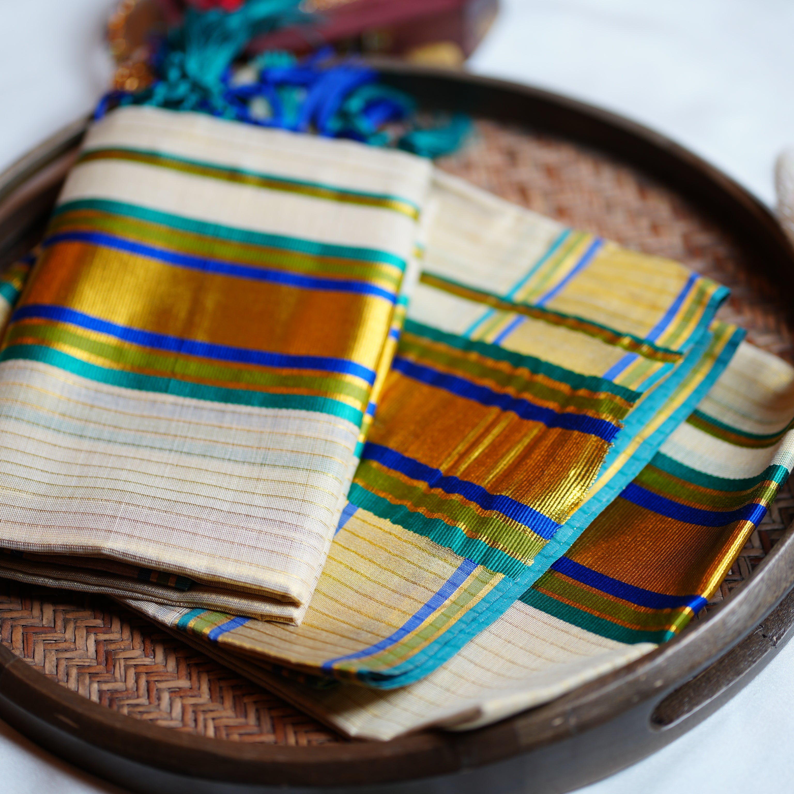 💙 Ocean Peacock & Shimmering Gold Tissue Kerala Set Mundu 💚 - SAROYA