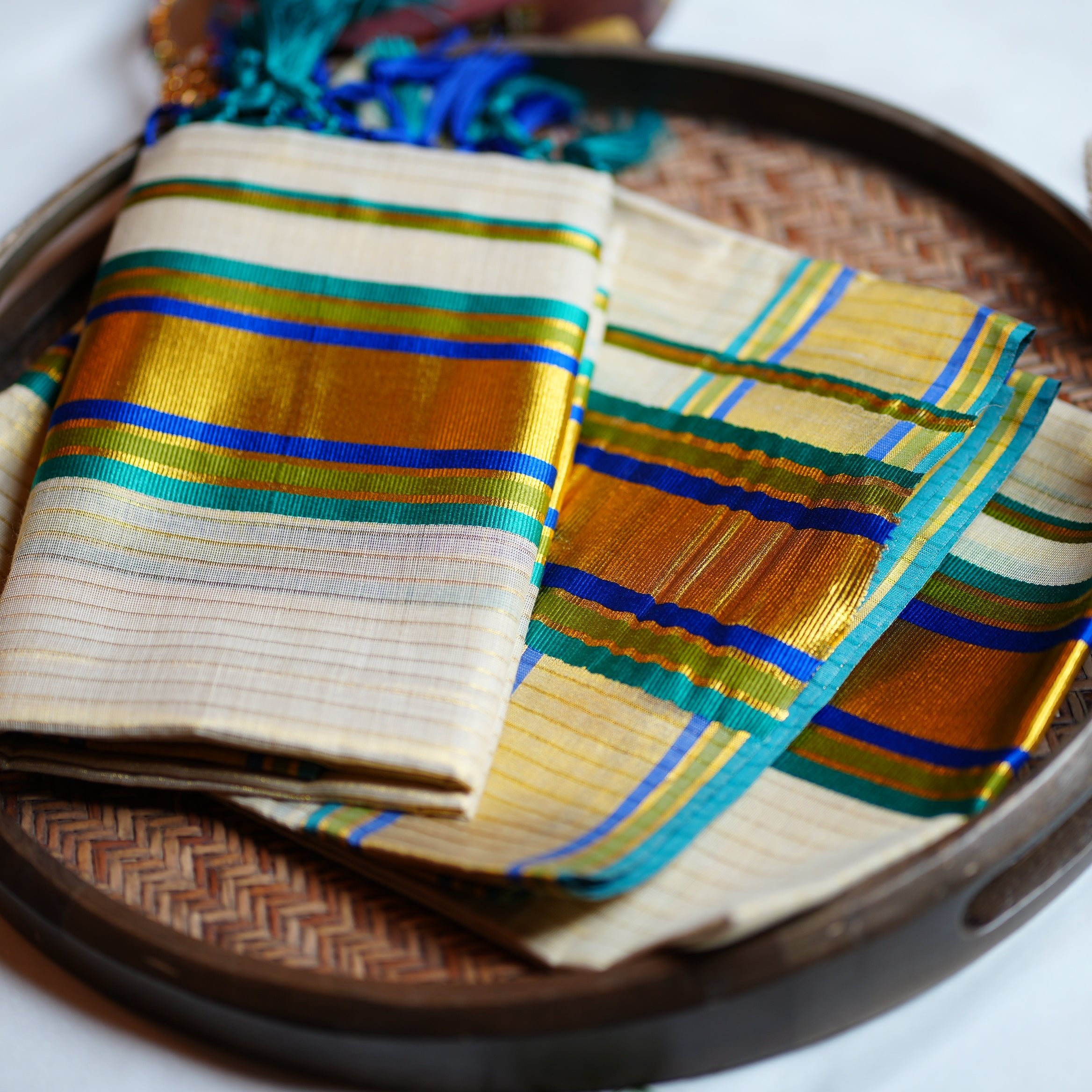 💙 Ocean Peacock & Shimmering Gold Tissue Kerala Set Mundu 💚 - SAROYA