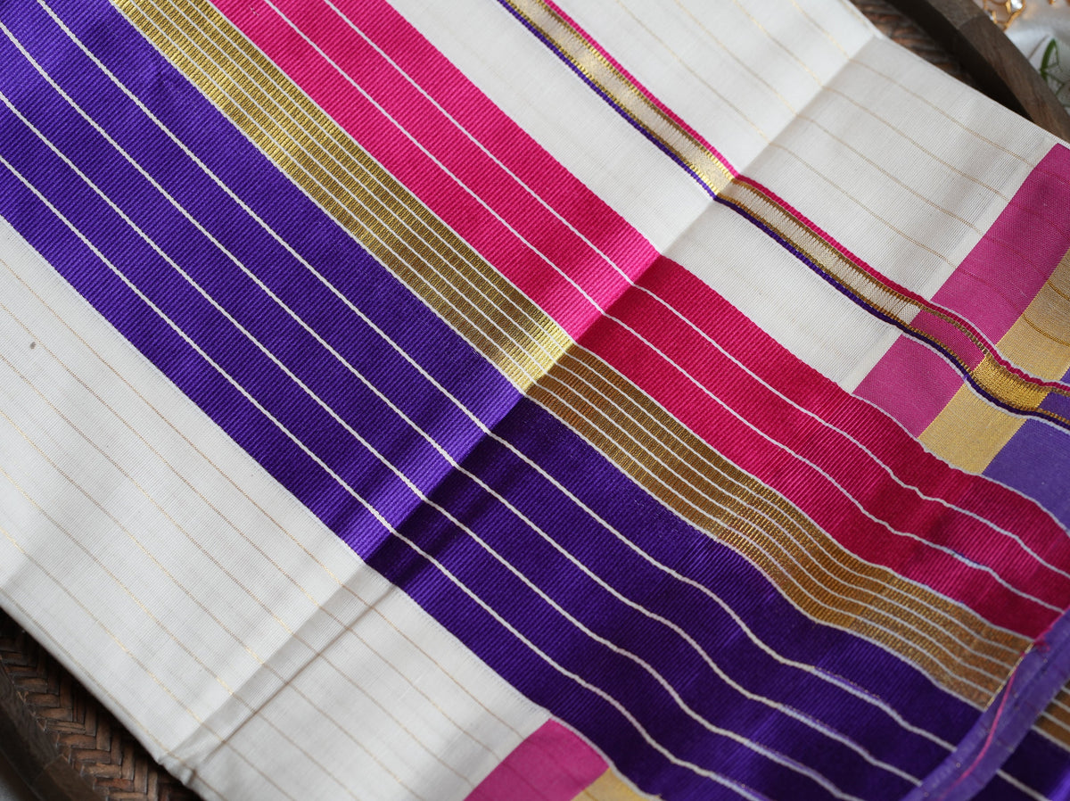 💜 Off-White Cotton Kerala Saree with Regal Purple & Magenta Color Bands ✨🥻 - SAROYA