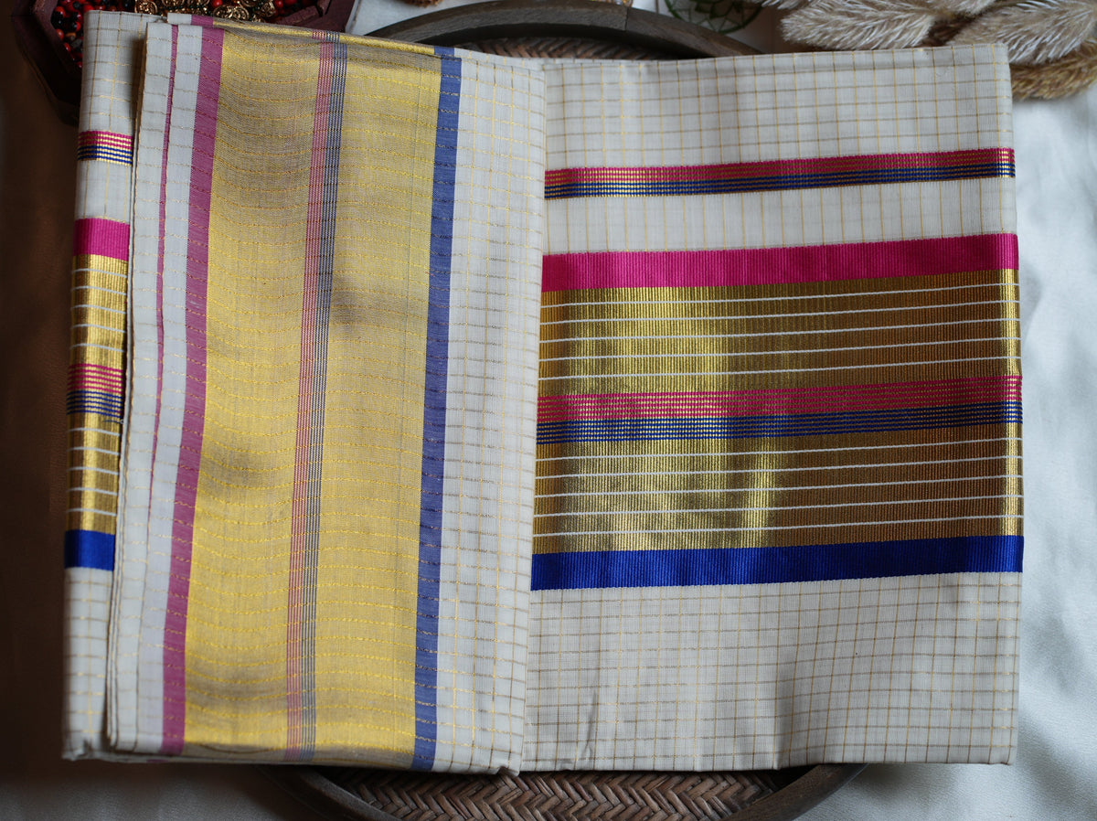 🌈 Off-White Cotton Kerala Saree with Vibrant Multi-Color & Gold Kasavu Borders 💖✨ - SAROYA