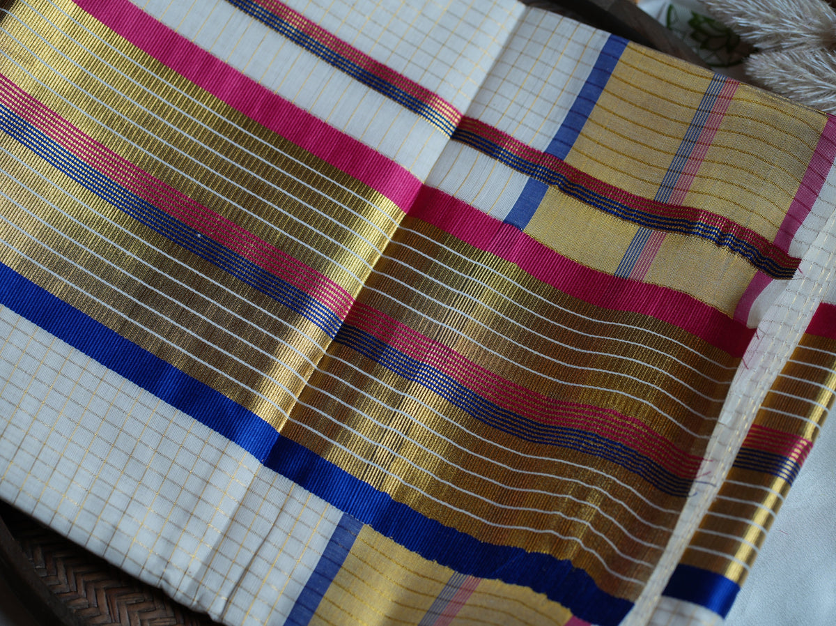 🌈 Off-White Cotton Kerala Saree with Vibrant Multi-Color & Gold Kasavu Borders 💖✨ - SAROYA