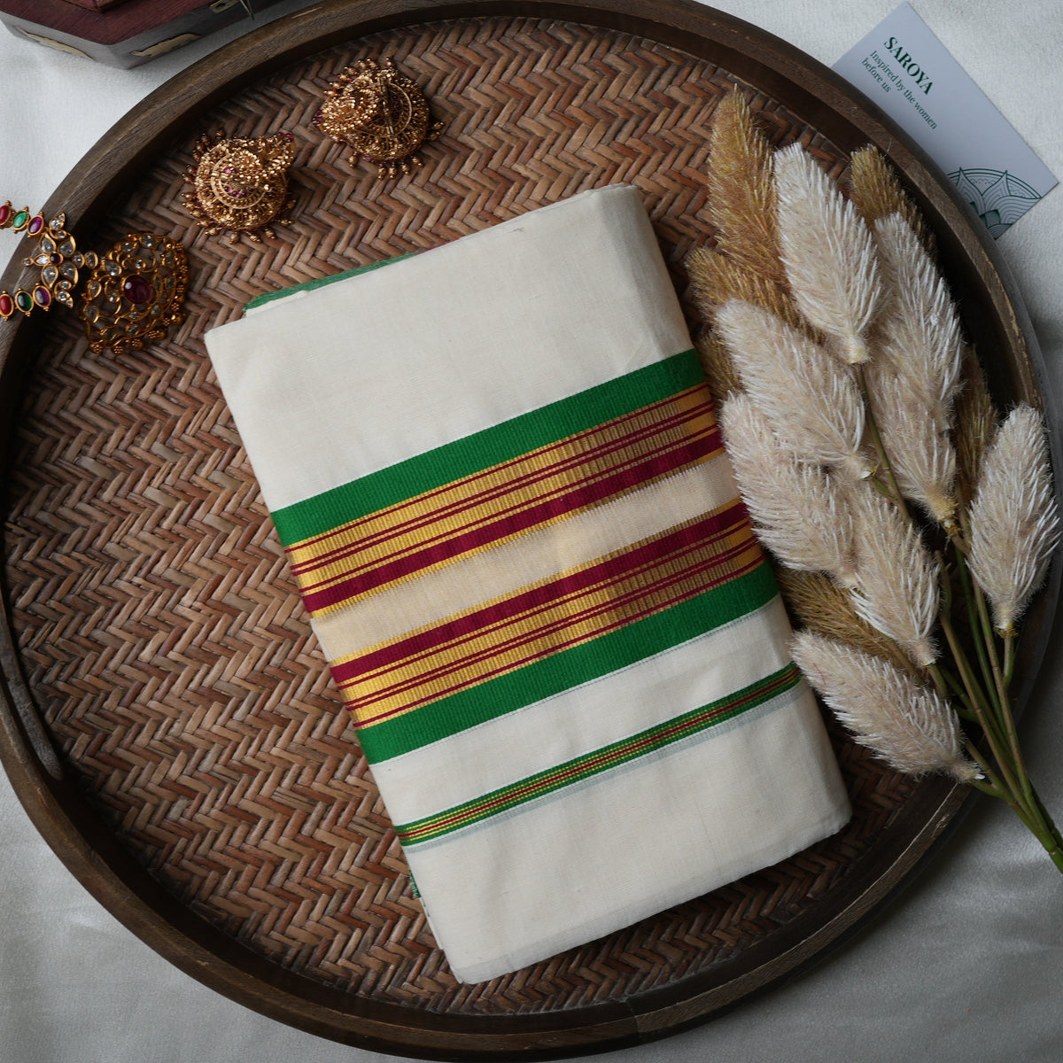 🌿 Off-White & Leaf Green Handloom Replica Pure Cotton Set Mundu with Maroon Stripe & Unstitched Blouse Piece by Saroya ✨🥻💚 - SAROYA