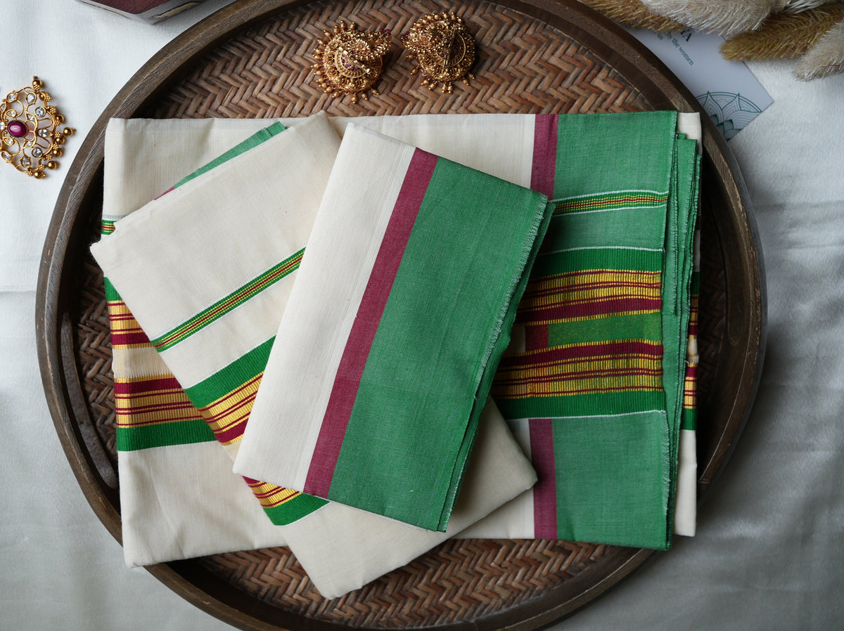 🌿 Off-White & Leaf Green Handloom Replica Pure Cotton Set Mundu with Maroon Stripe & Unstitched Blouse Piece by Saroya ✨🥻💚 - SAROYA