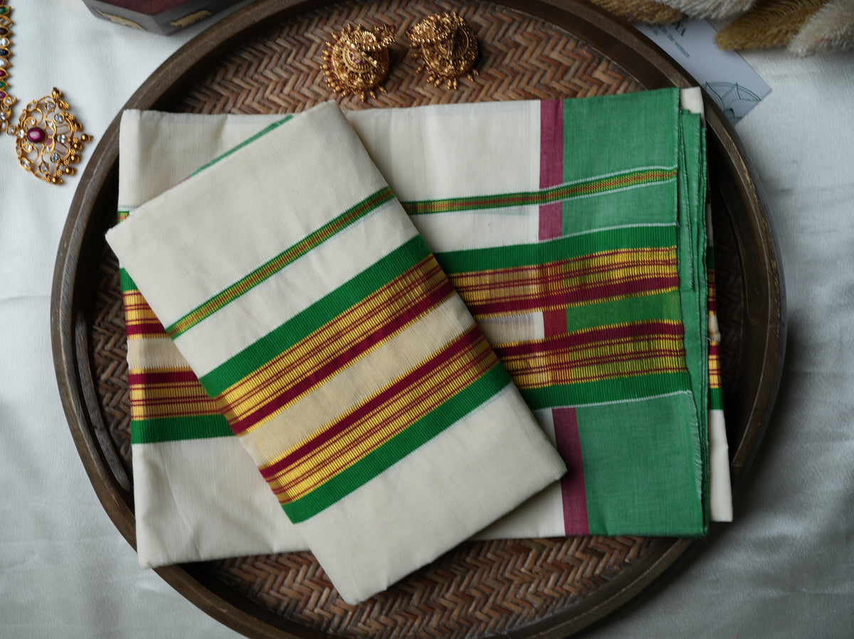 🌿 Off-White & Leaf Green Handloom Replica Pure Cotton Set Mundu with Maroon Stripe & Unstitched Blouse Piece by Saroya ✨🥻💚 - SAROYA
