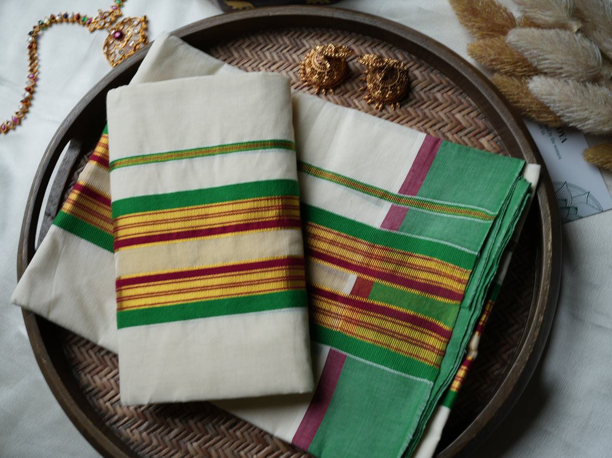 🌿 Off-White & Leaf Green Handloom Replica Pure Cotton Set Mundu with Maroon Stripe & Unstitched Blouse Piece by Saroya ✨🥻💚 - SAROYA