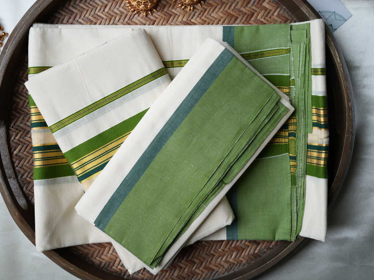 🌿 Off-White & Leaf Green Premium Handloom Replica Pure Cotton Set Mundu with Unstitched Blouse Piece by Saroya ✨🥻🍃 - SAROYA