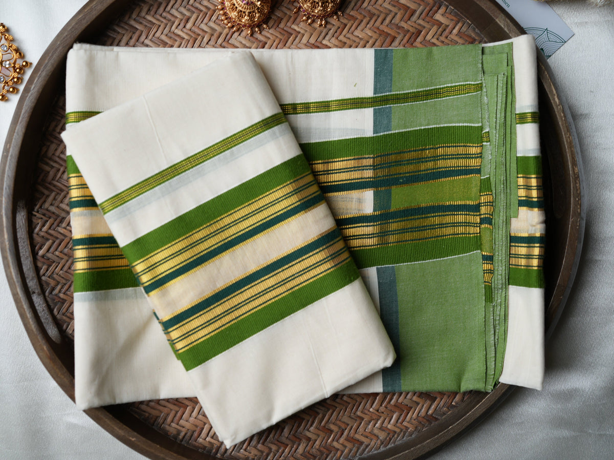 🌿 Off-White & Leaf Green Premium Handloom Replica Pure Cotton Set Mundu with Unstitched Blouse Piece by Saroya ✨🥻🍃 - SAROYA