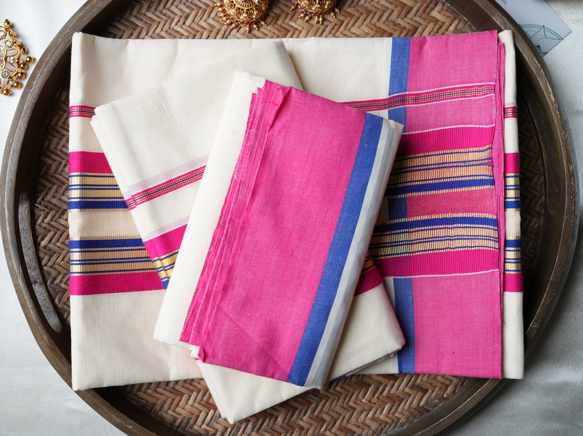 💖 Off-White & Rani Pink Premium Handloom Replica Pure Cotton Set Mundu with Unstitched Blouse Piece by Saroya ✨🥻🌸 - SAROYA