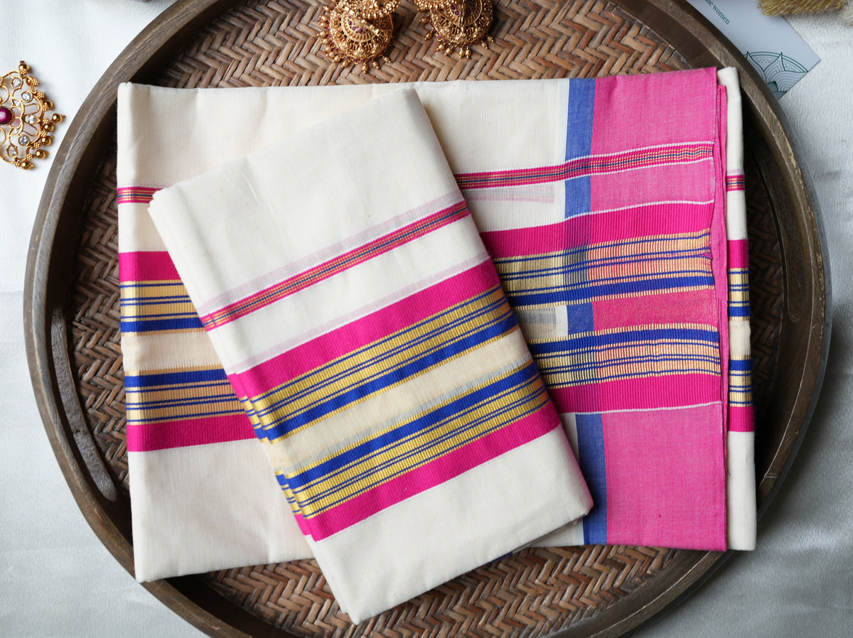 💖 Off-White & Rani Pink Premium Handloom Replica Pure Cotton Set Mundu with Unstitched Blouse Piece by Saroya ✨🥻🌸 - SAROYA