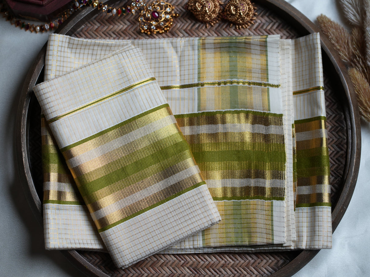 🌿 Olive Green & Gold Checked Cotton Kerala Single Set Mundu ✨ - SAROYA