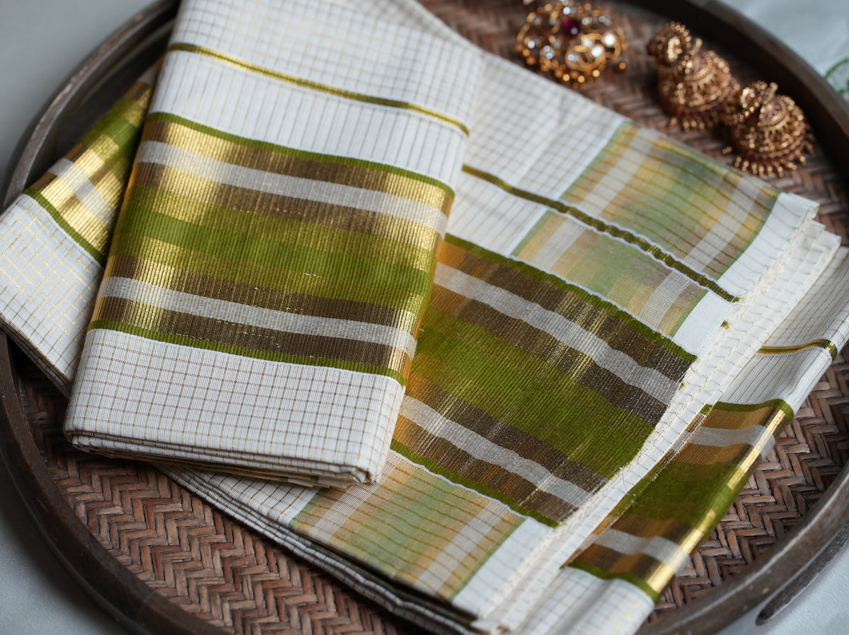 🌿 Olive Green & Gold Checked Cotton Kerala Single Set Mundu ✨ - SAROYA