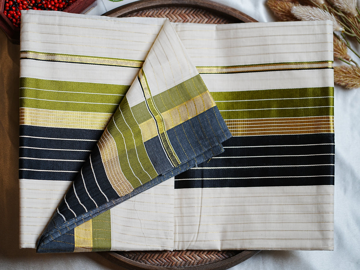 🌿 Olive Green, Jet Black & Golden Kasavu Cotton Kerala Saree ✨ - SAROYA