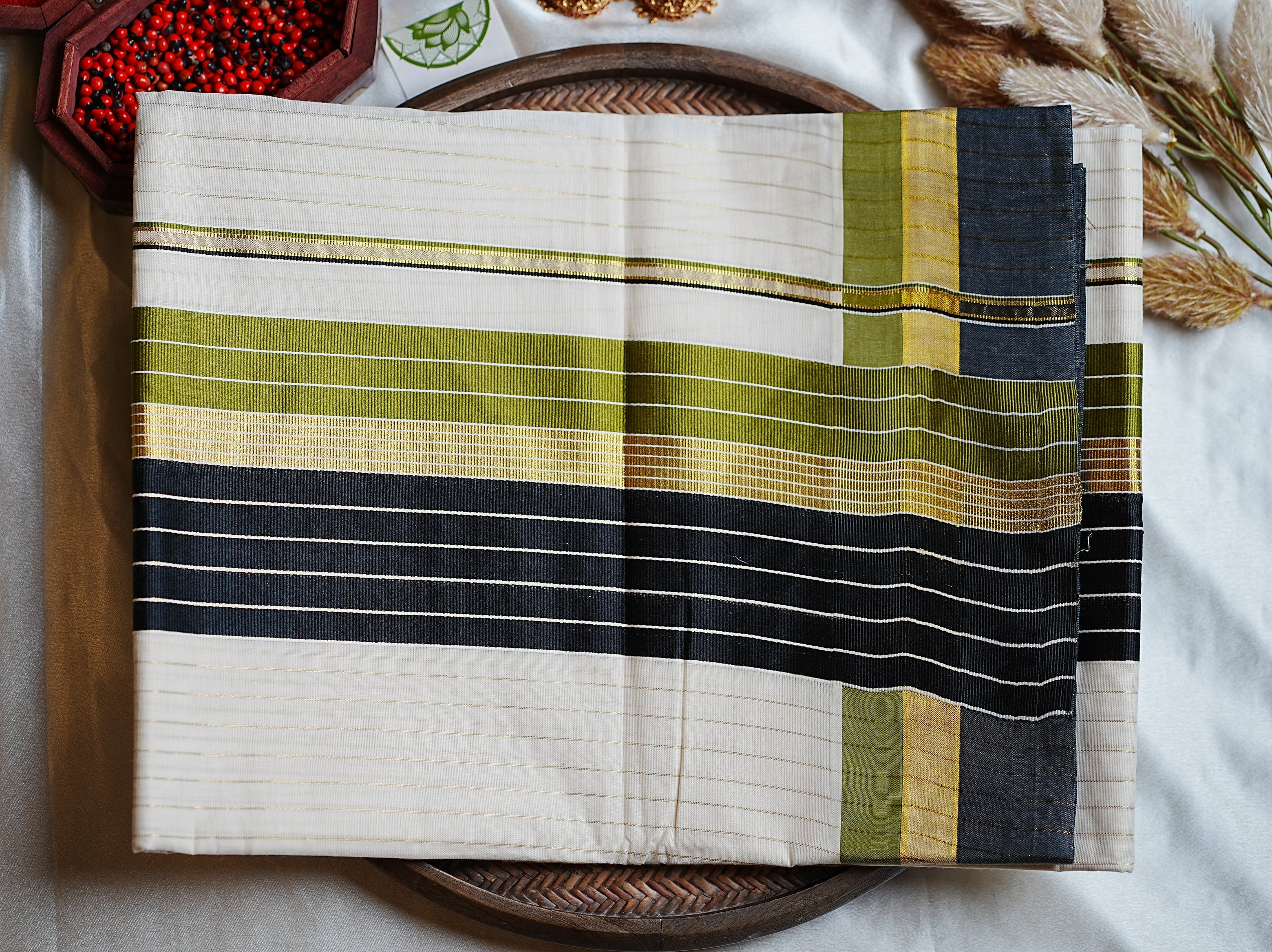 🌿 Olive Green, Jet Black & Golden Kasavu Cotton Kerala Saree ✨ - SAROYA
