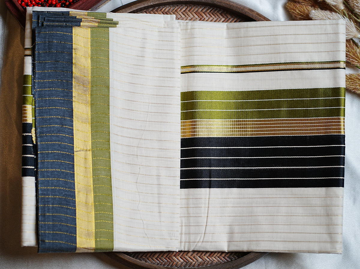 🌿 Olive Green, Jet Black & Golden Kasavu Cotton Kerala Saree ✨ - SAROYA