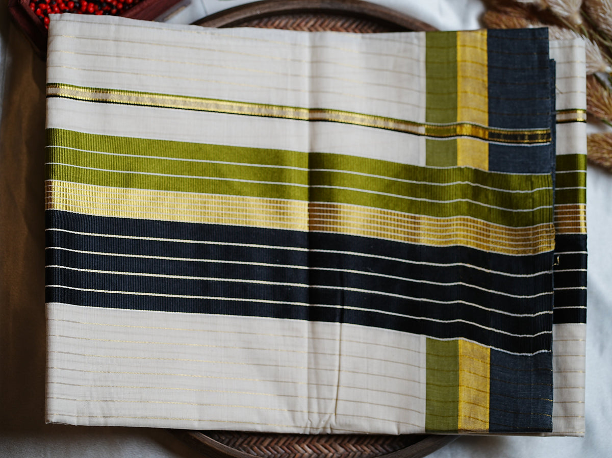 🌿 Olive Green, Jet Black & Golden Kasavu Cotton Kerala Saree ✨ - SAROYA