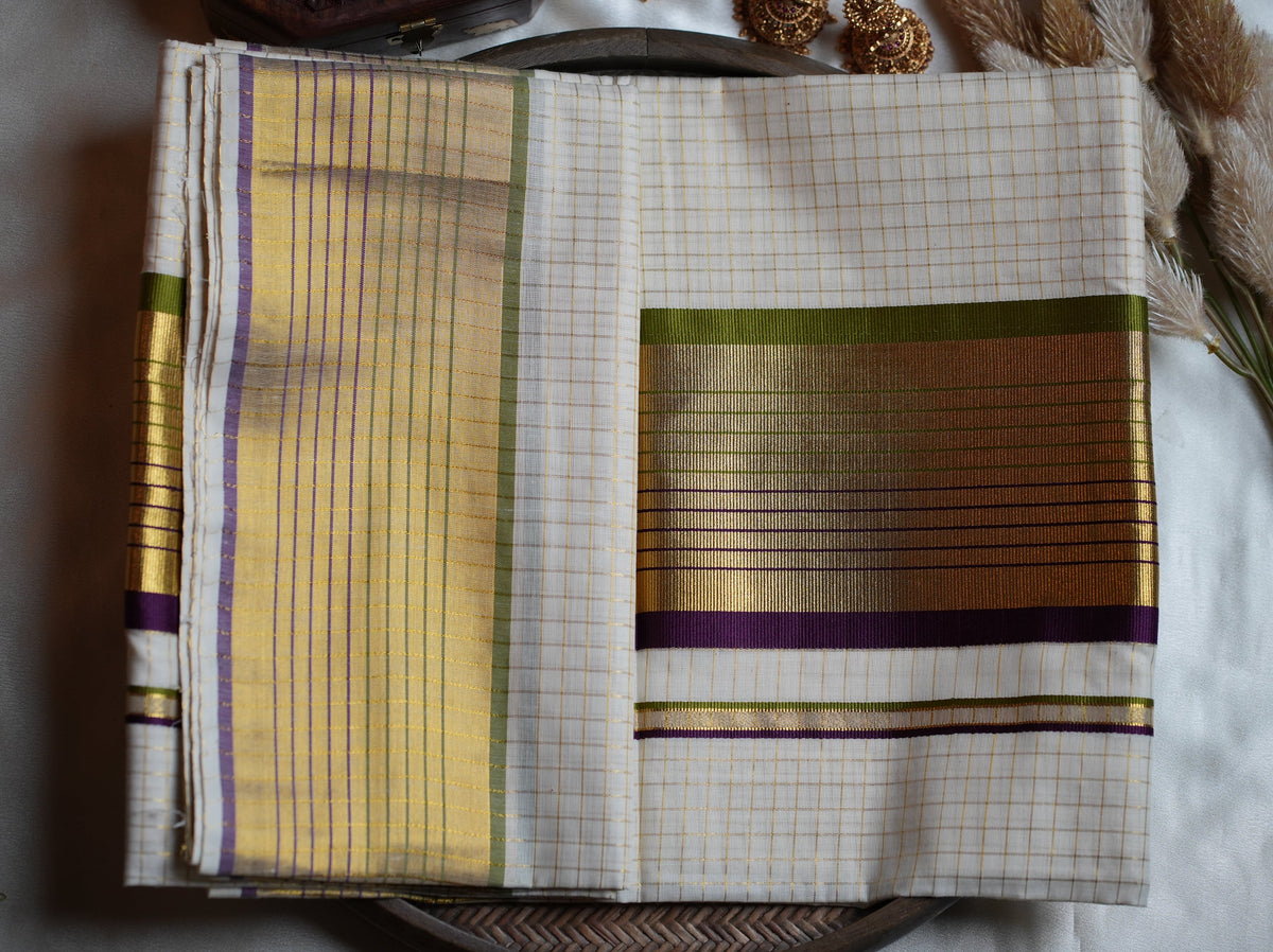 💜 Olive Green & Purple Premium Cotton Kerala Saree 🌟 - SAROYA