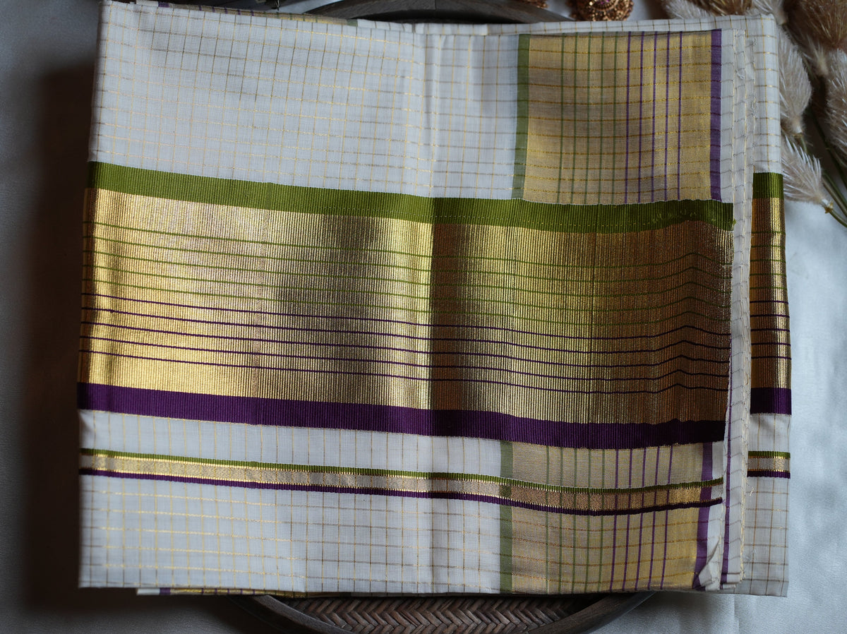 💜 Olive Green & Purple Premium Cotton Kerala Saree 🌟 - SAROYA
