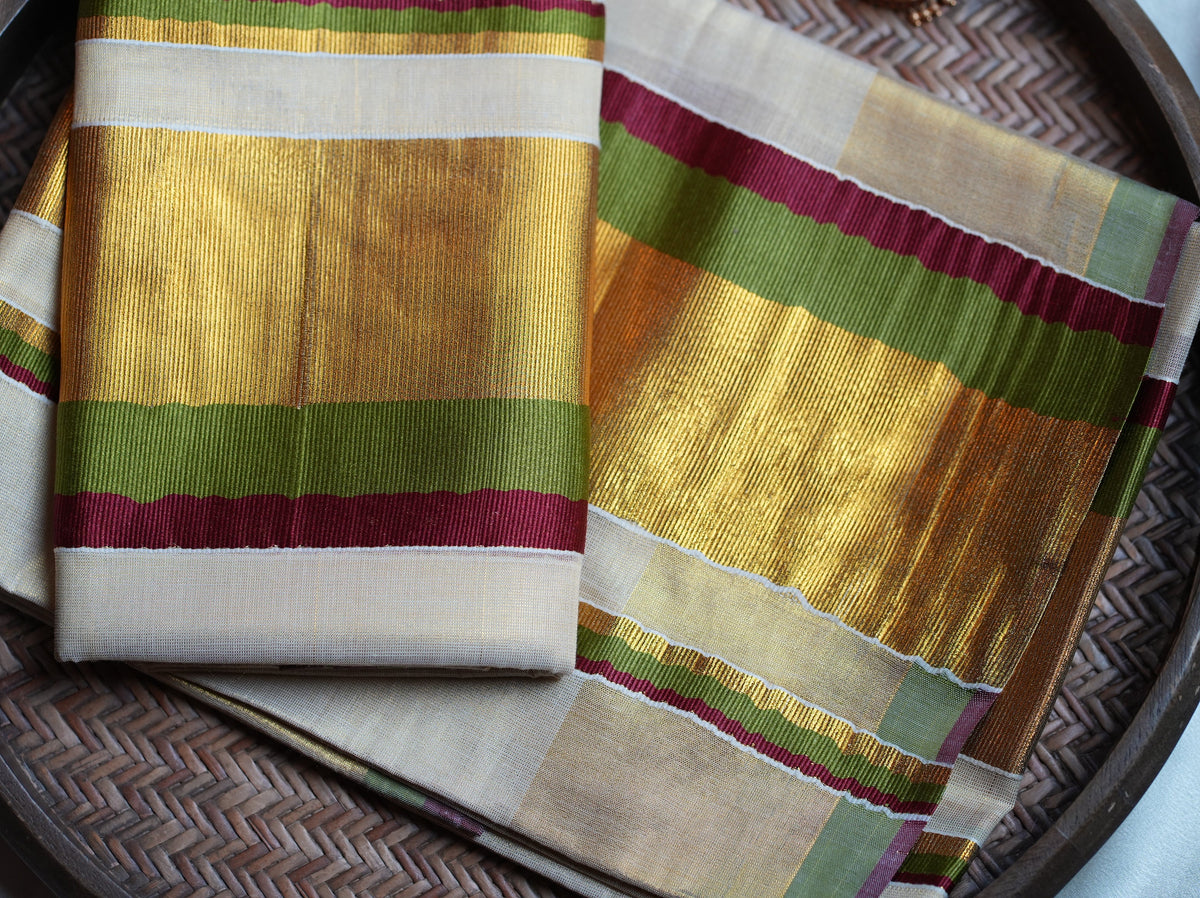 💫 Olive & Maroon Stripe Tissue Kasavu Kerala Set Mundu 🌟 - SAROYA