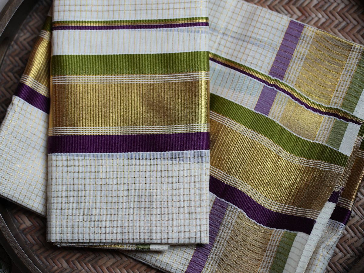 💜 Olive & Purple Kasavu Cotton Kerala Set Mundu 🌟 - SAROYA